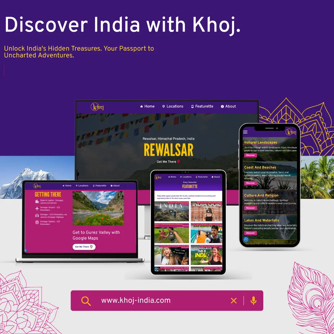 mockup of Khoj App showing different screens