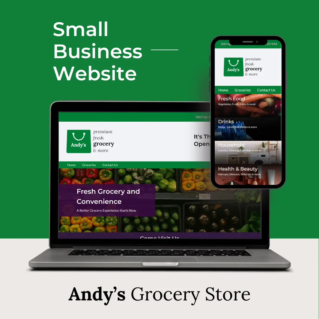 mockup of andy's grocery store small business website on different screens